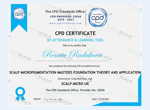 CPD accredited certificate of attendance for the Scalp Micropigmentation Masters Foundation course, The CPD Standards Office provider 22036, 17 October 2021