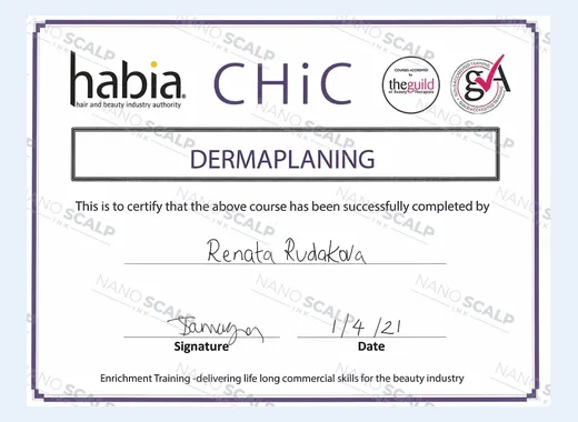 Dermaplaning certificate from habia CHIC, courses accredited by The Guild of Beauty Therapists, 1 April 2021