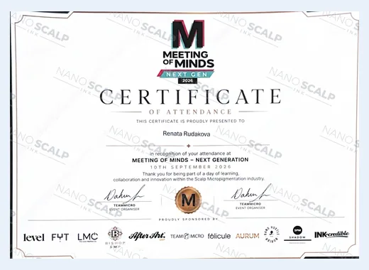 Meeting of Minds Next Generation 2026 certificate of attendance for the scalp micropigmentation industry event, 10 September 2026