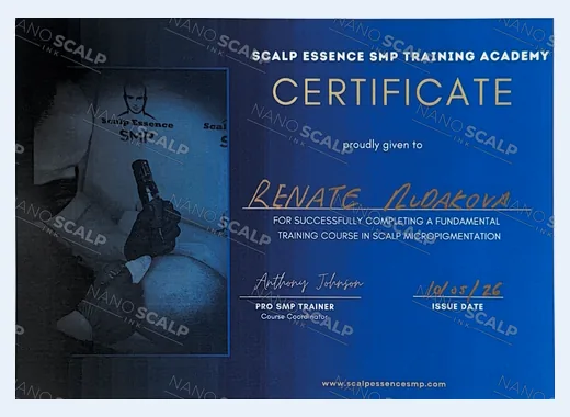 Scalp Essence SMP Training Academy certificate for a fundamental training course in scalp micropigmentation, 10 May 2026