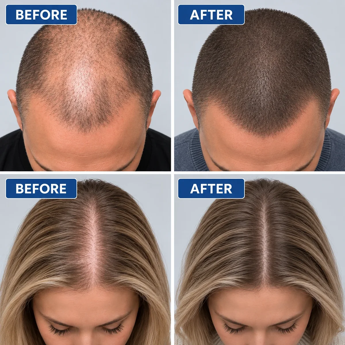 Before and after scalp micropigmentation results in Bournemouth for a man with thinning hair and a woman with a wide parting
