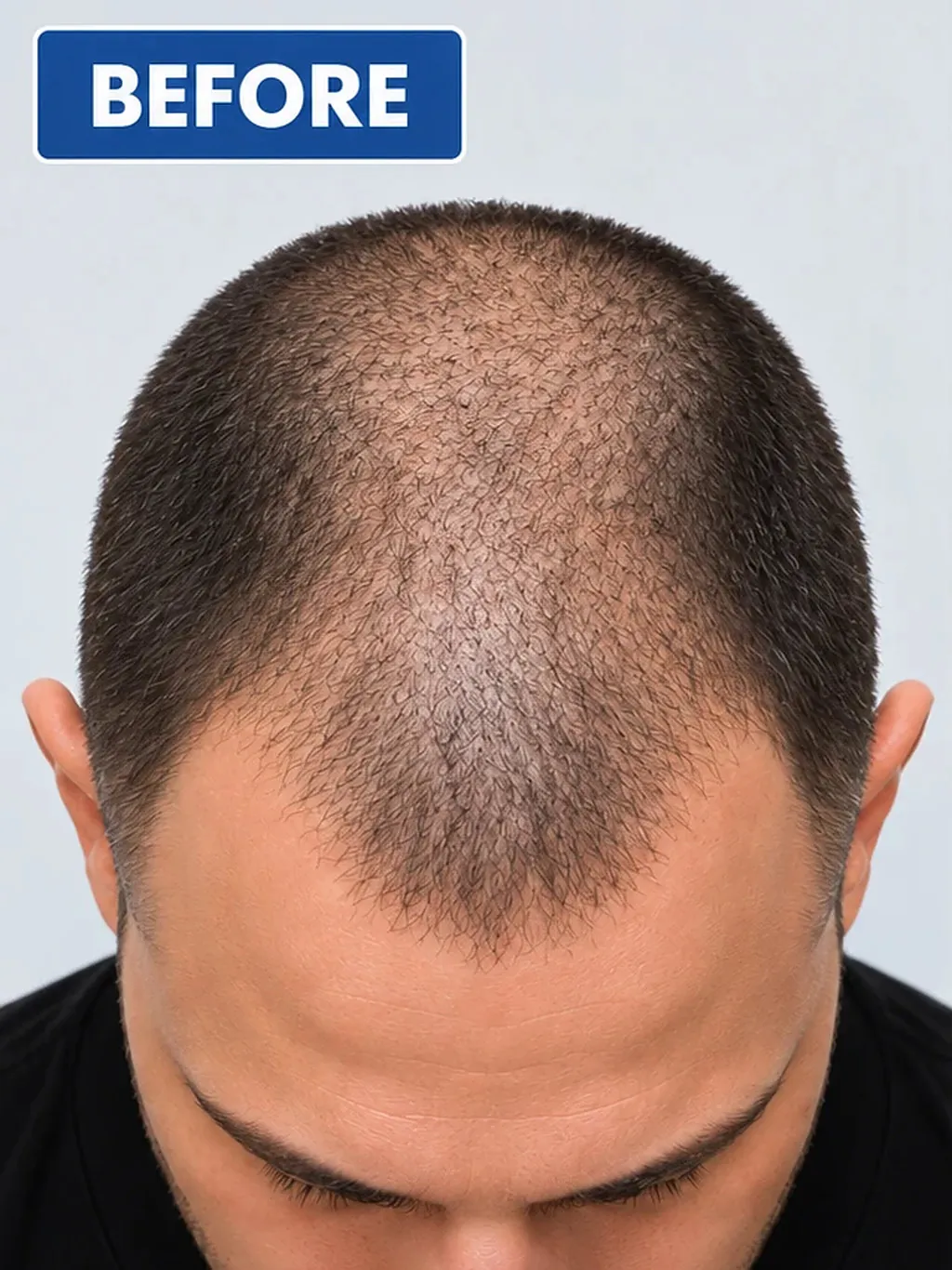 Man's head seen from above with thinning hair on the crown before scalp micropigmentation in Bournemouth
