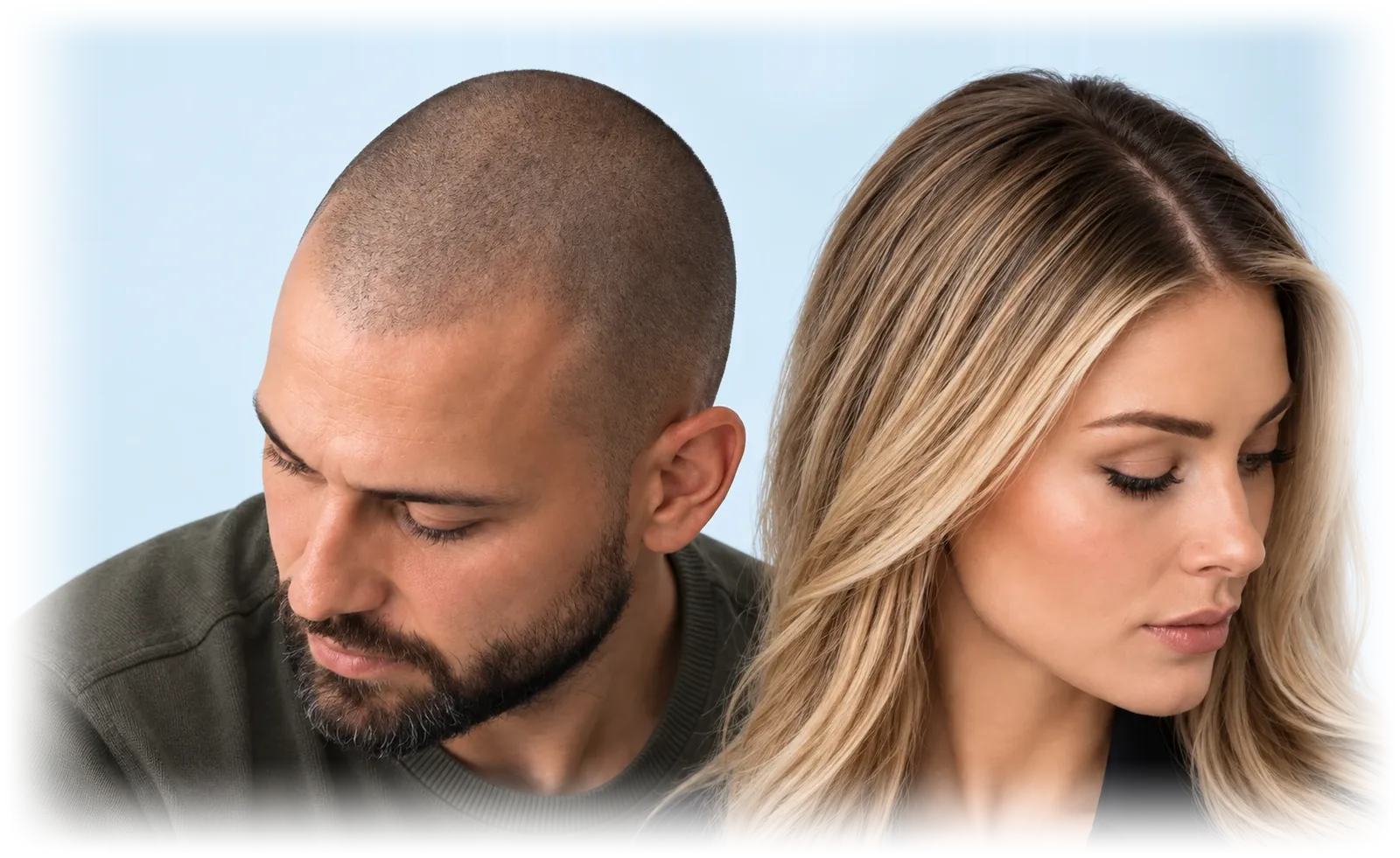 Man with a closely shaved head beside a woman with long blonde hair, scalp micropigmentation in Bournemouth