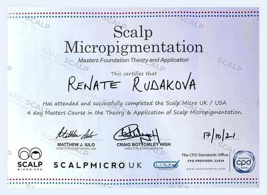 Scalp Micropigmentation Masters Foundation Theory and Application certificate from Scalp Micro UK and USA, 17 October 2021