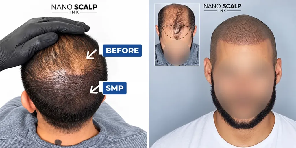 Scalp micropigmentation results at Nano Scalp Ink in Bournemouth, showing a thinning crown before and a fuller look after SMP