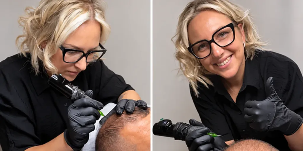 Scalp micropigmentation specialist at Nano Scalp Ink in Bournemouth treating a client's scalp, then smiling with a thumbs up