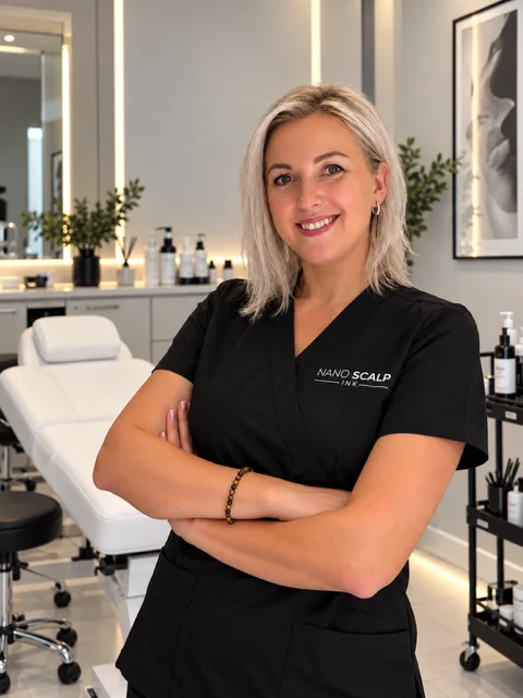 Smiling scalp micropigmentation specialist in the Nano Scalp Ink treatment room