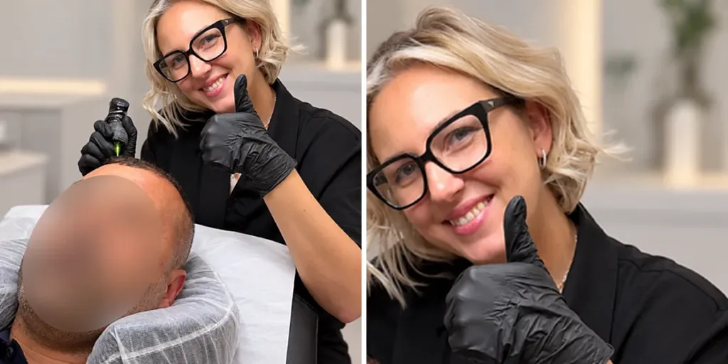 Smiling scalp micropigmentation specialist giving a thumbs up during a treatment session at Nano Scalp Ink, Bournemouth
