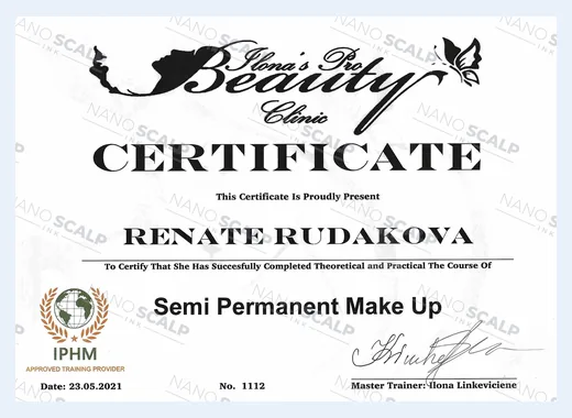 Semi Permanent Make Up certificate from Ilona's Pro Beauty Clinic, IPHM approved training provider, 23 May 2021